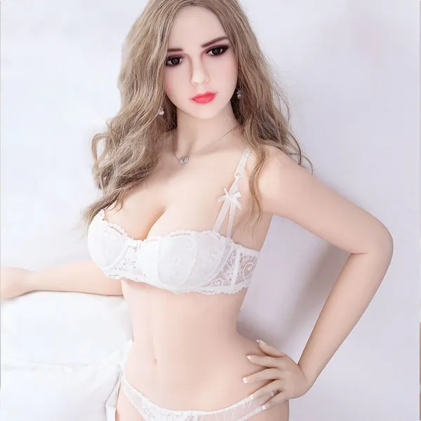158cm silicone doll, light skin, long light-brown wavy hair, white lace lingerie