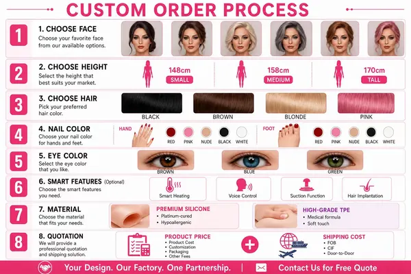 Custom order process in 8 steps: choose face, height, hair, nail color, eye color, optional smart features, material, then receive a quotation with product and shipping cost